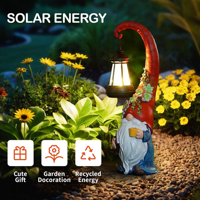 Roundot Store Coffee Gnome Garden Decor Statue Solar-Powered Gnome Ornament Lantern-Lit Courtyard Decoration Birthday Gift for Mom on The Patio - Image 4